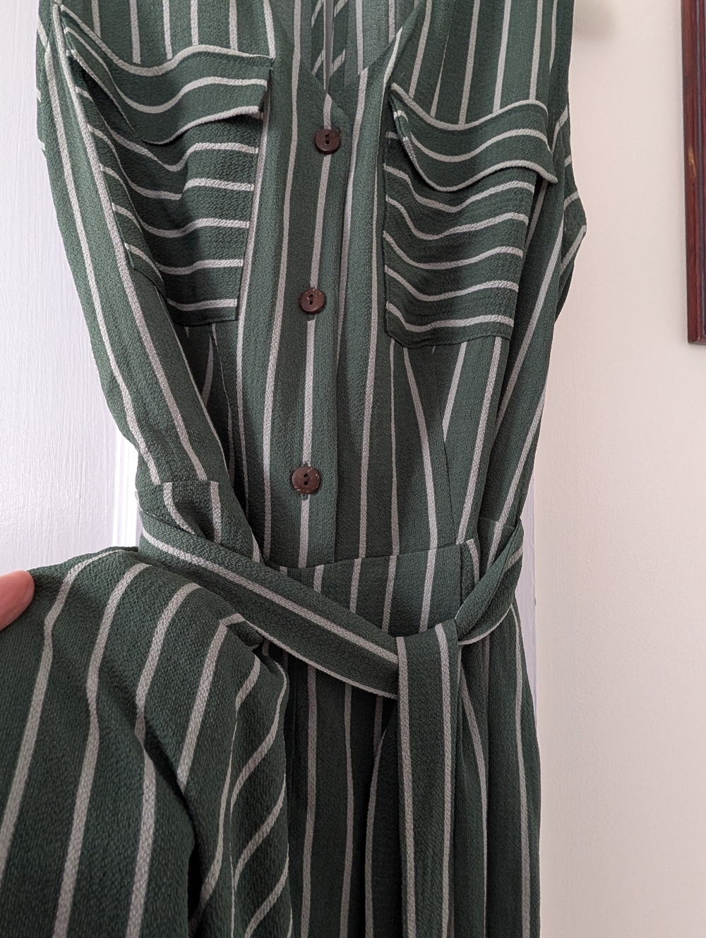 Monteau Green and Cream Striped Sleeveless Jumpsuit With Belt